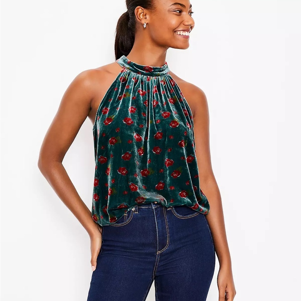 Loft New w Tags Sz S Floral Velvet Shirred Halter Top